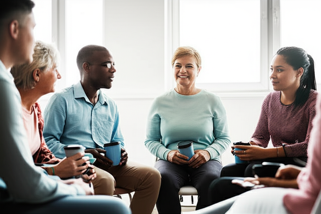 Diverse support group meeting with people sharing experiences